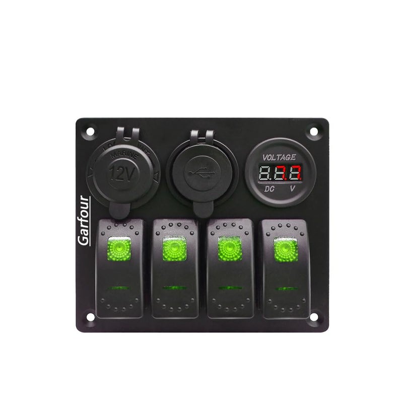 Garfour Green Waterproof Boat Rocker Switch Panel 3.1A Volt Dual USB Socket LED Light Voltmeter Cigarette Lighter Socket 4 Bang Rocker Switch Panel for Car RV SUV Boat - Image 1